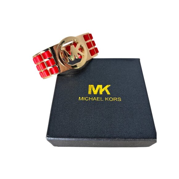 Vintage, MICHAEL KORS, Logo Clamper Bracelet, Red Leatherette, Gold Tone - Picture 2 of 7